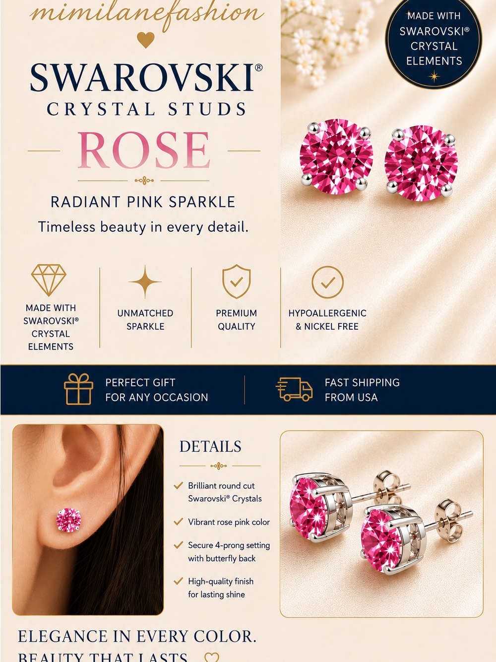 Rose Pink Crystal Stud Earrings — Radiant Rose
